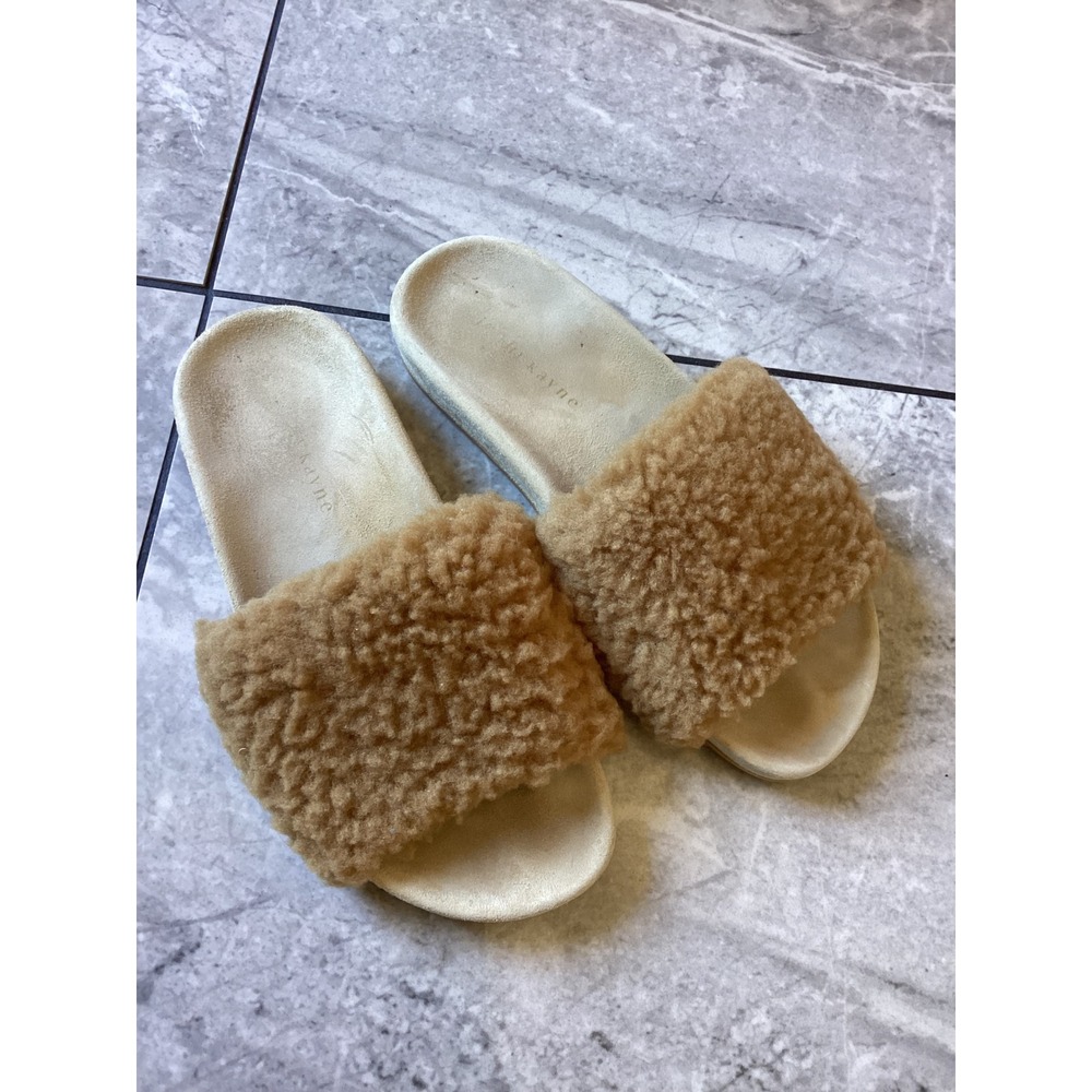 Jenni Kayne Shearling Slides Camel Tan Suede Sandals Made in Italy Size 37